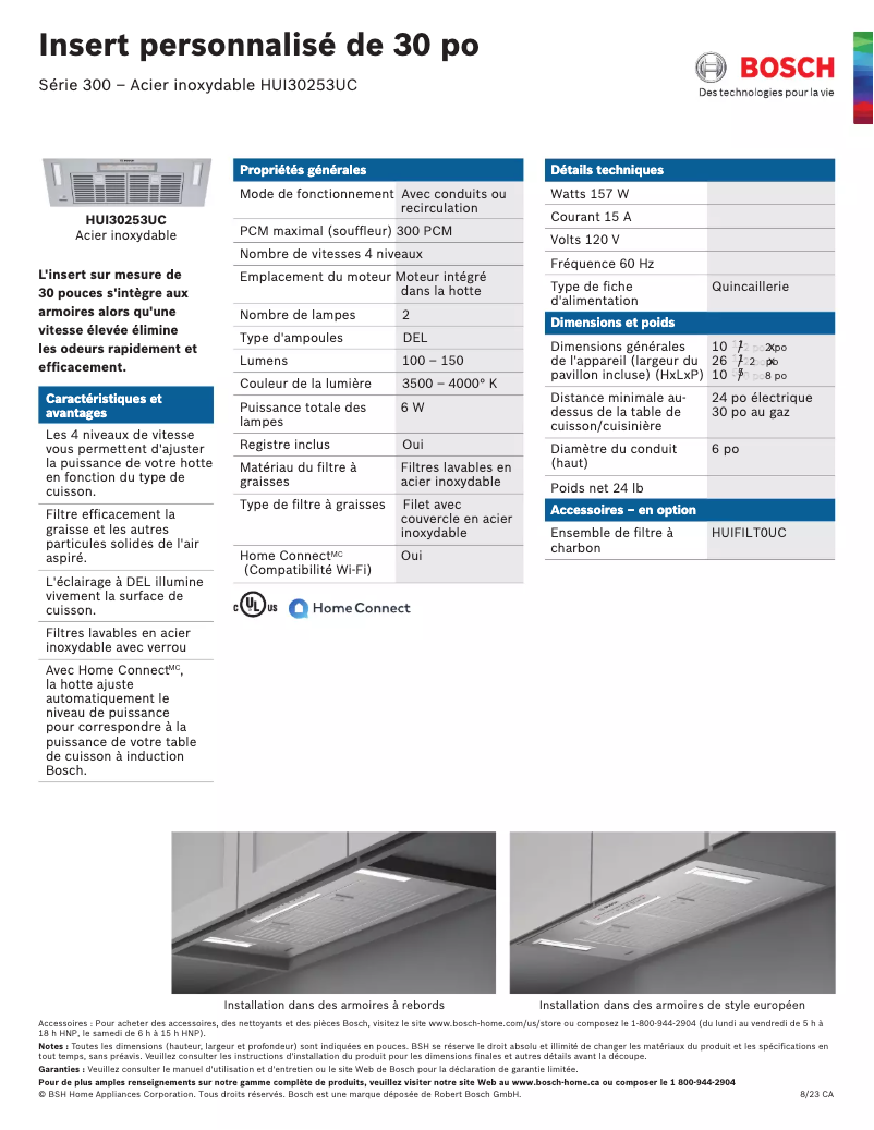 Page 1 de la notice Fiche technique Bosch HUI30253UC