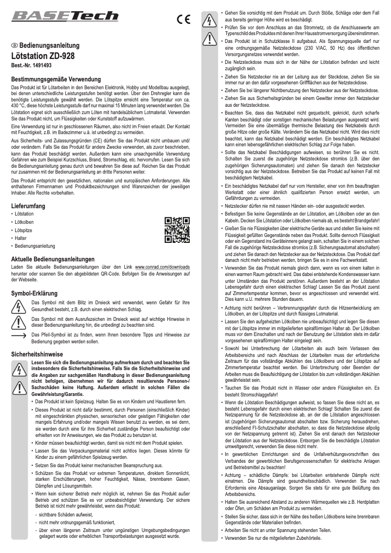 Page 1 de la notice Manuel utilisateur BaseTech ZD-928