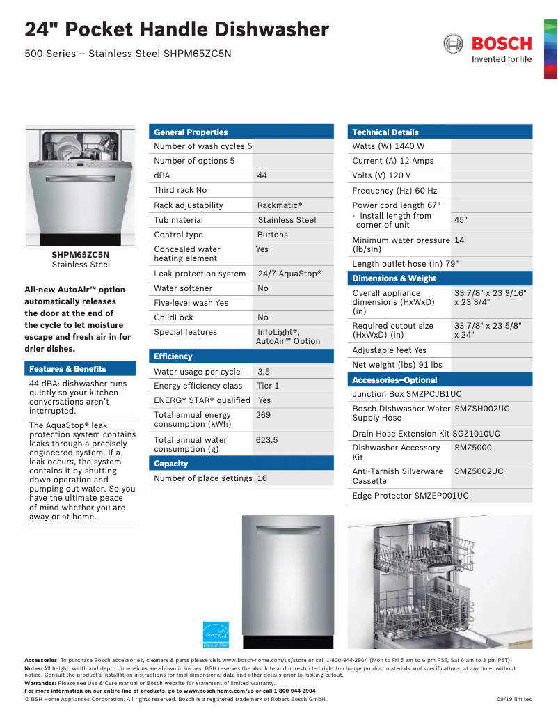 Page 1 de la notice Fiche technique Bosch SHPM65ZC5N