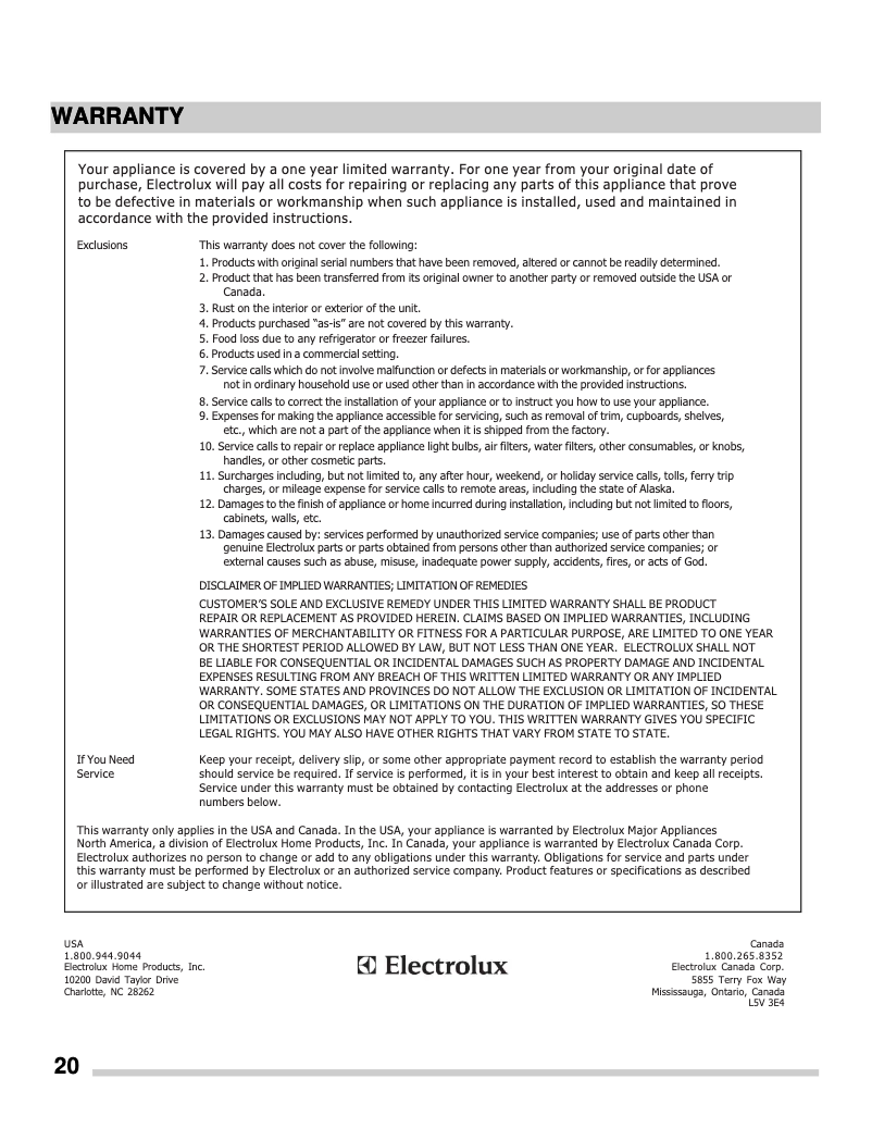 Page n°1 - Informations de garantie Frigidaire FFGC3026SS