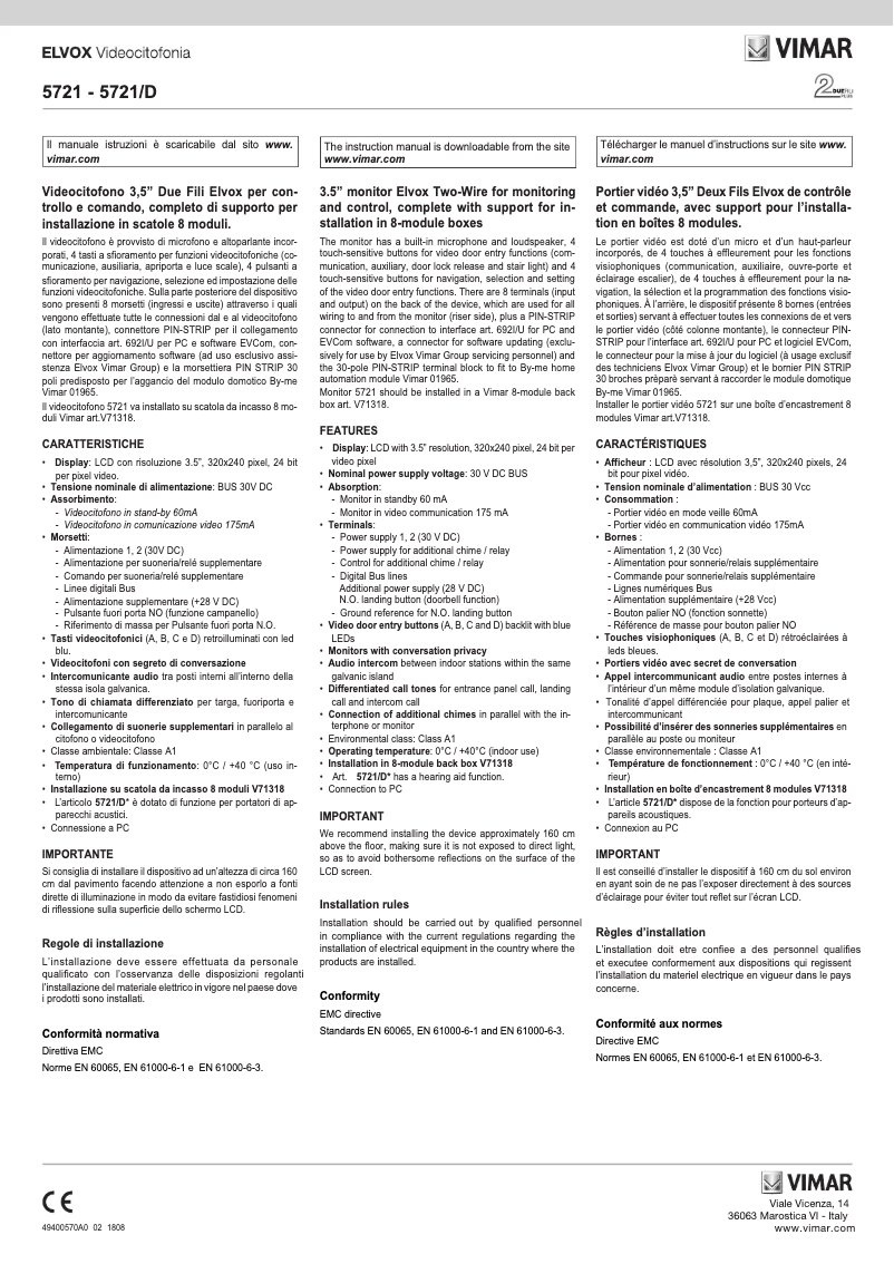 Page n°1 - Instructions / montage Vimar ELVOX 5721