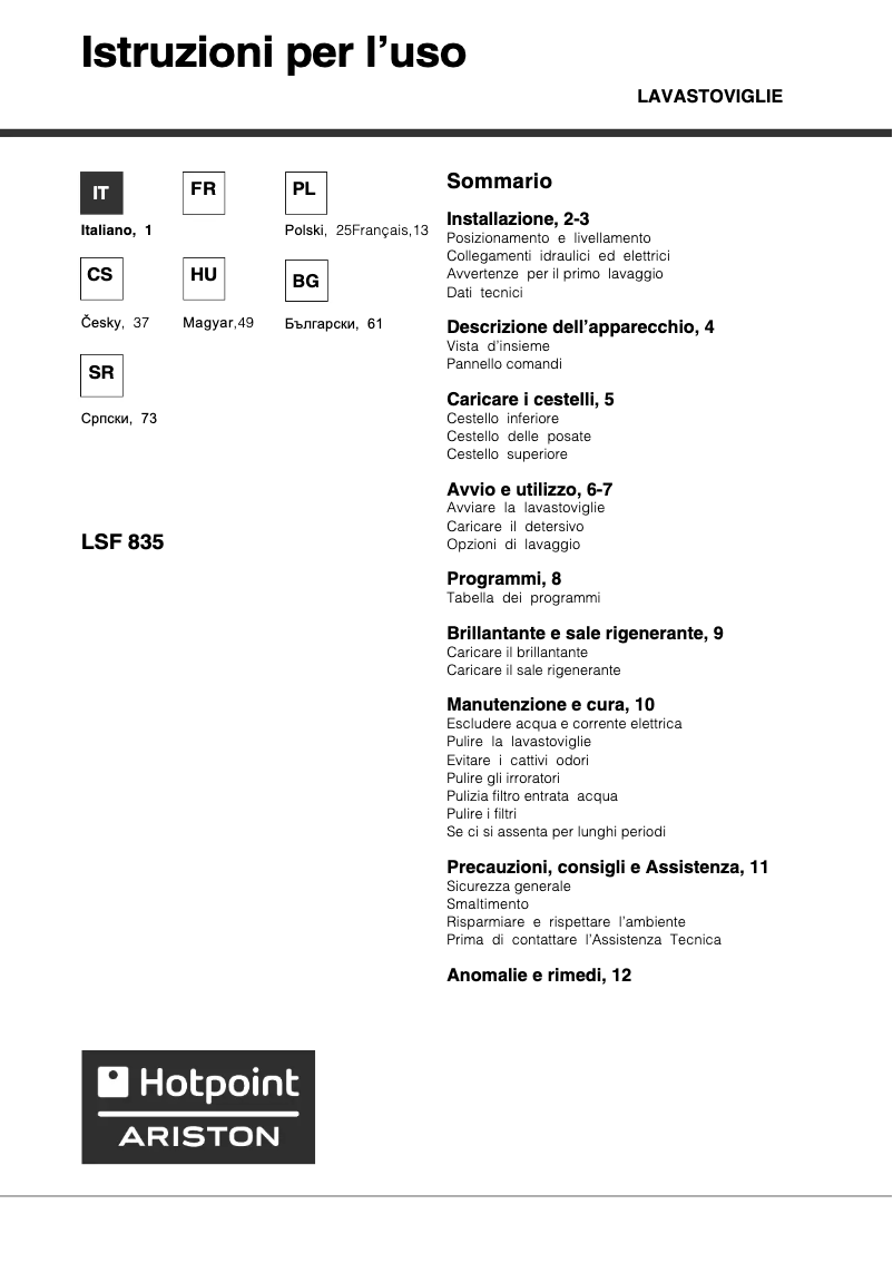Page n°1 - Manuel utilisateur Hotpoint Ariston LSF 835 EU HA