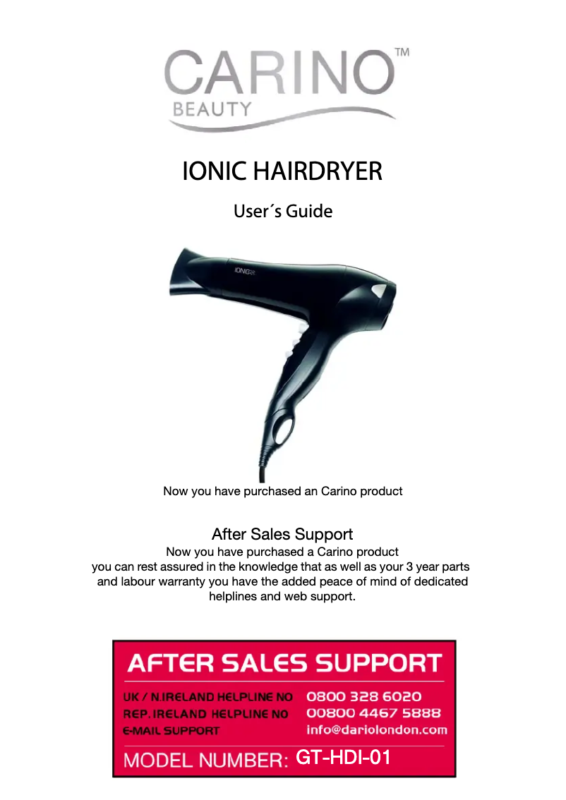 Page 1 de la notice Manuel utilisateur Carino Beauty GT-HDI-01