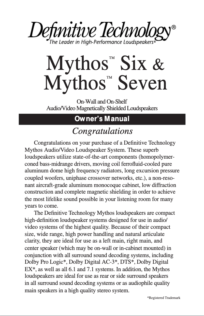 Page 1 de la notice Manuel utilisateur Definitive Technology Mythos Seven