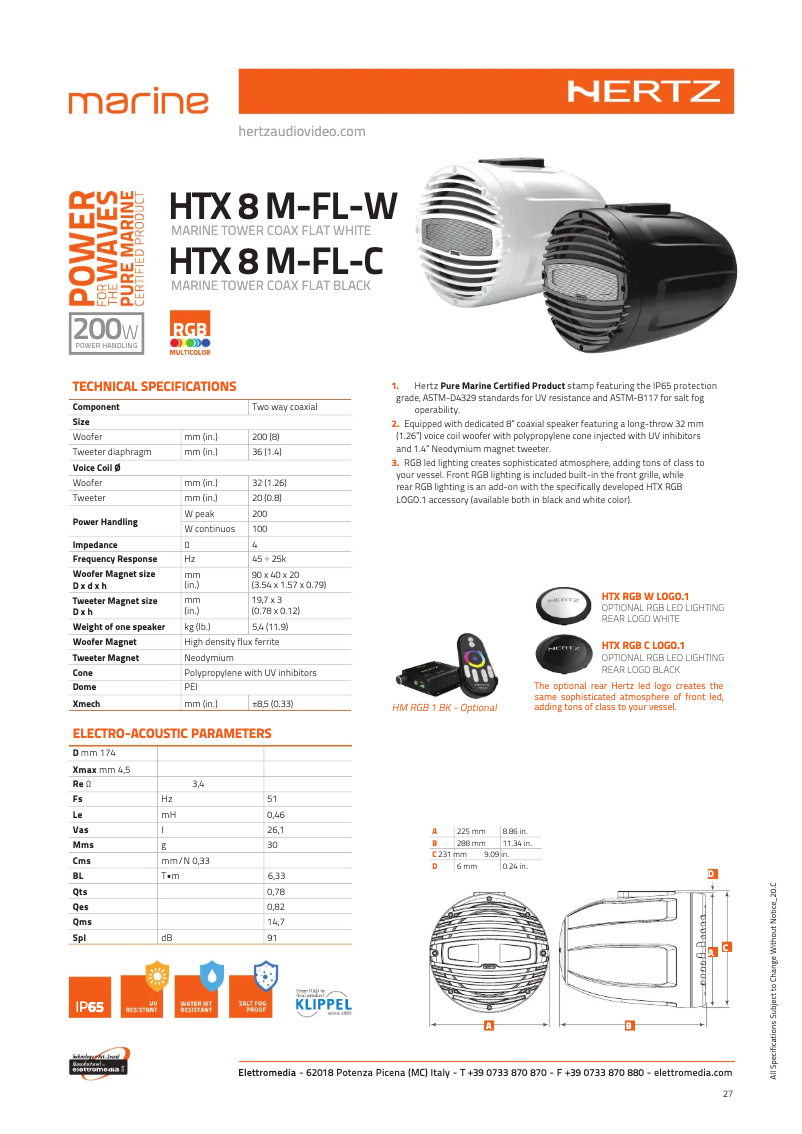 Page 1 de la notice Fiche technique Hertz HTX 8 M-FL-W