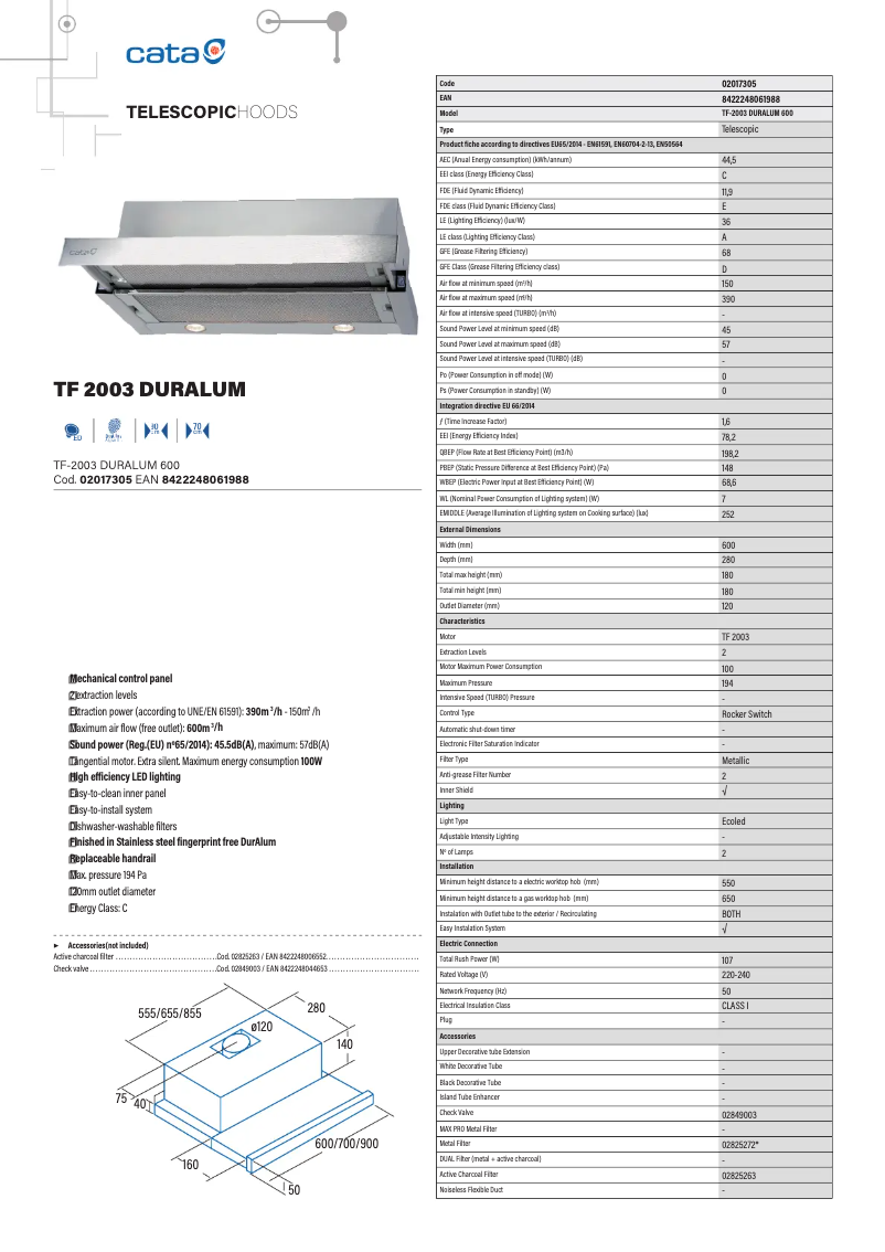 Page 1 de la notice Fiche technique CATA TF 2003 DURALUM