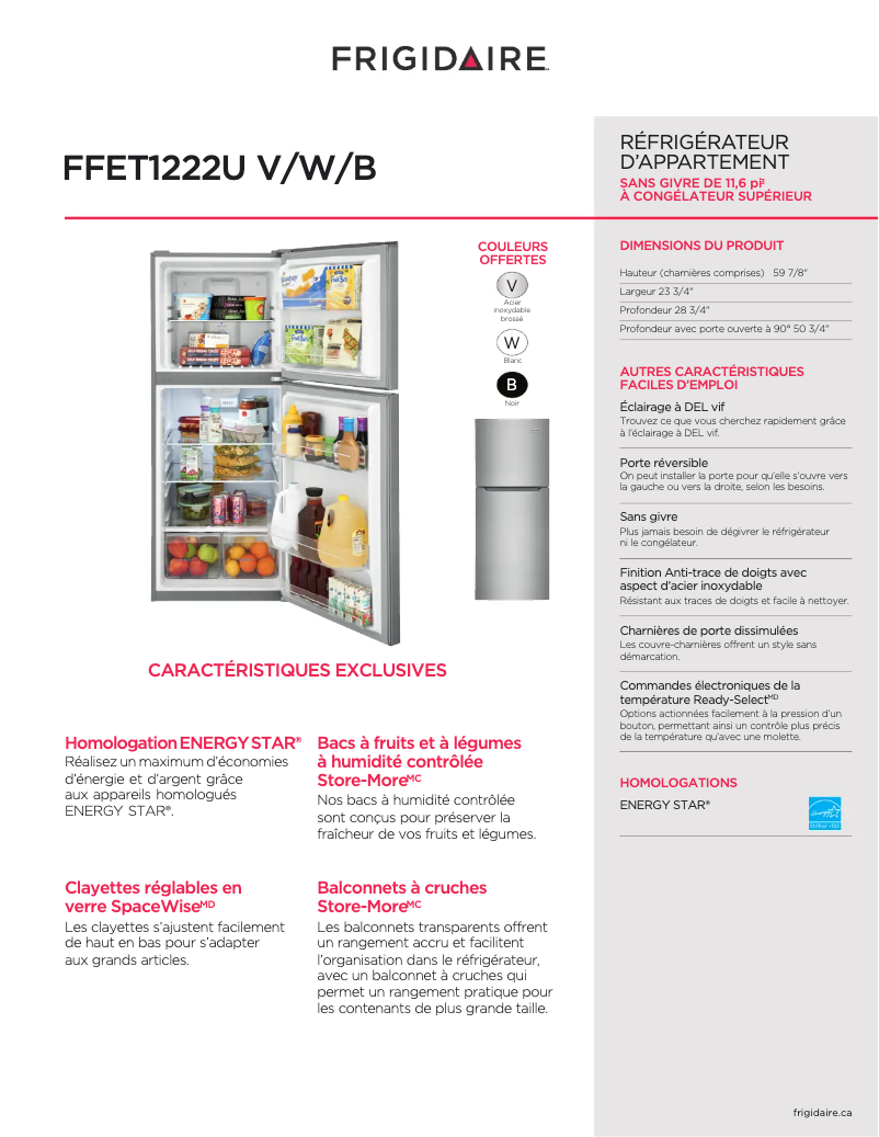 Page n°1 - Fiche technique Frigidaire FFET1222UB