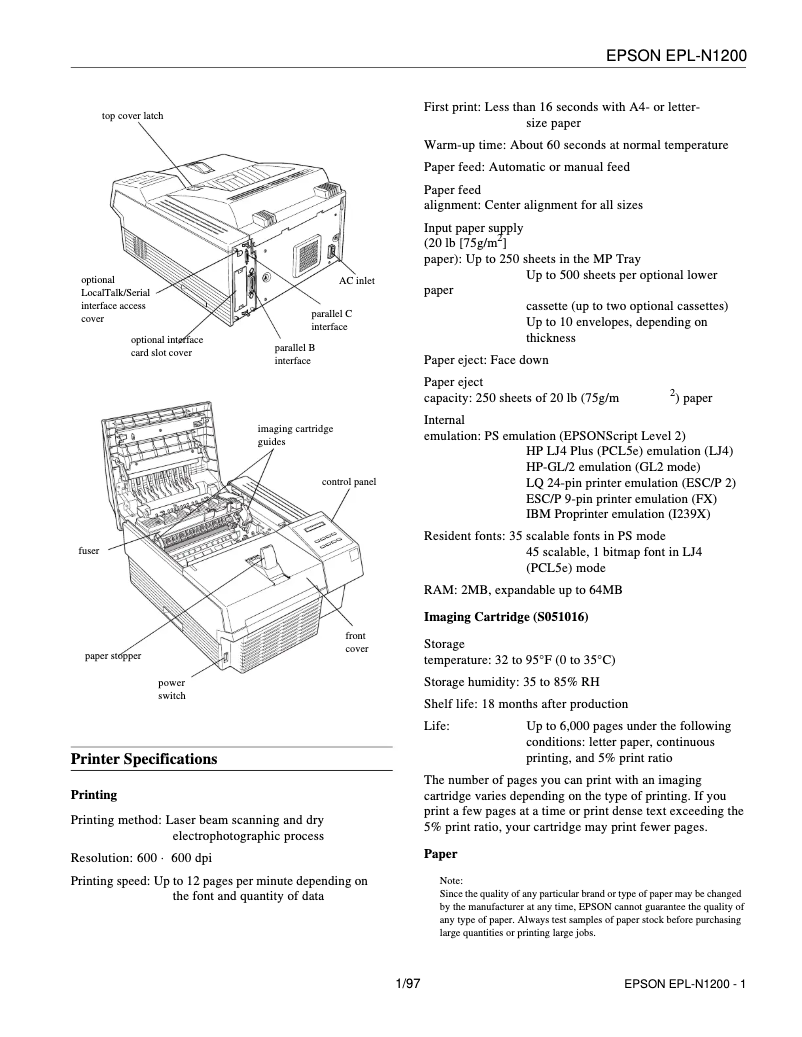 Página 1 del manual Ficha técnica Epson EPL-N1200