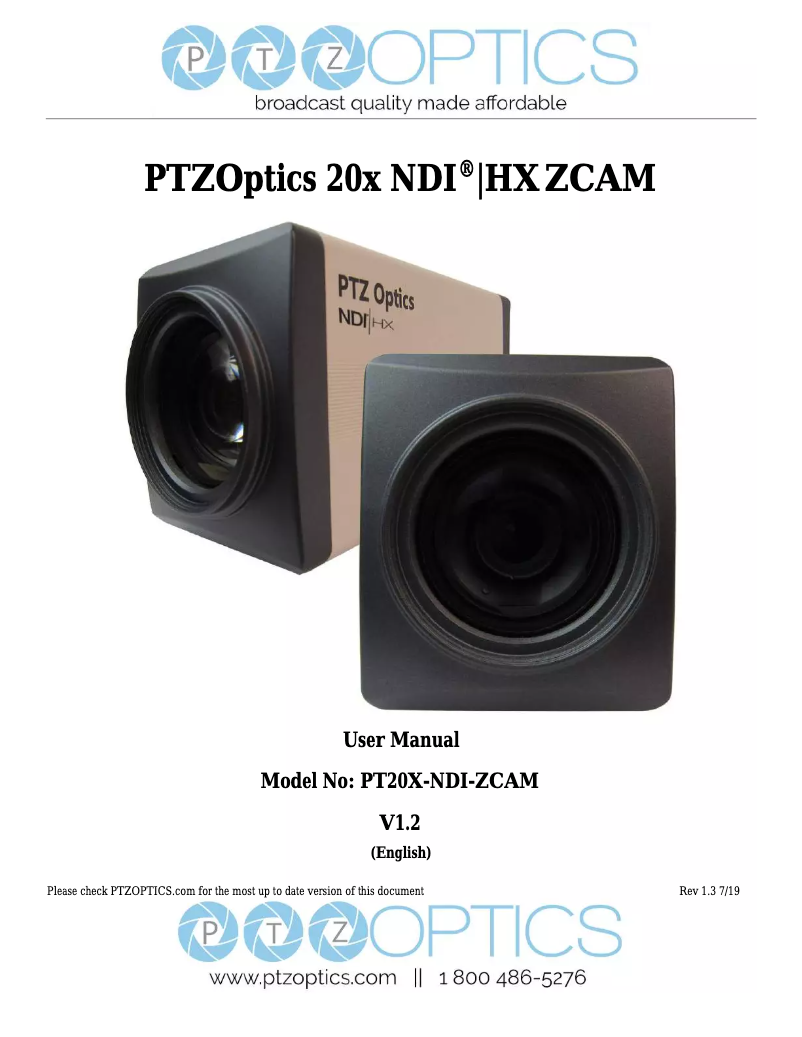 Page 1 de la notice Manuel utilisateur PTZ Optics NDI ZCam 20X