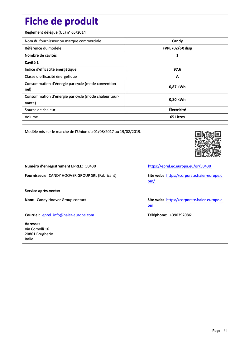 Page 1 de la notice Manuel utilisateur Candy FVPE702/6X DISP