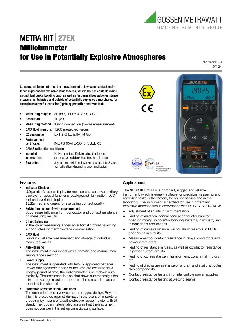 Page 1 de la notice Fiche technique Gossen Metrawatt METRA Hit 27Ex