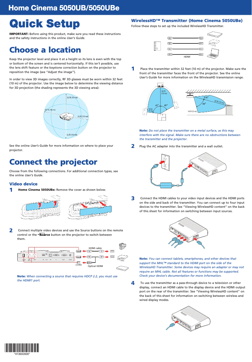 Page 1 de la notice Guide de démarrage rapide Epson Home Cinema 5050UB