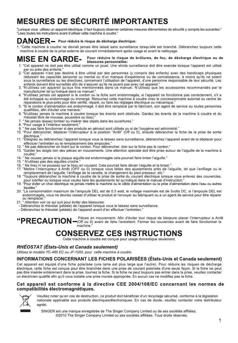 Page 1 de la notice Manuel utilisateur Singer XL-550