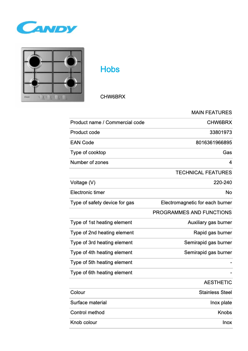 Page 1 de la notice Fiche technique Candy CHW6BRX