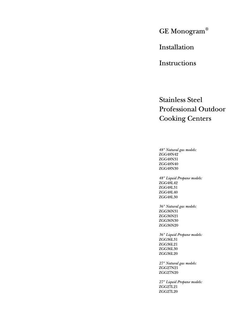 Page n°1 - Guide d'installation GE ZGG48N42YSS