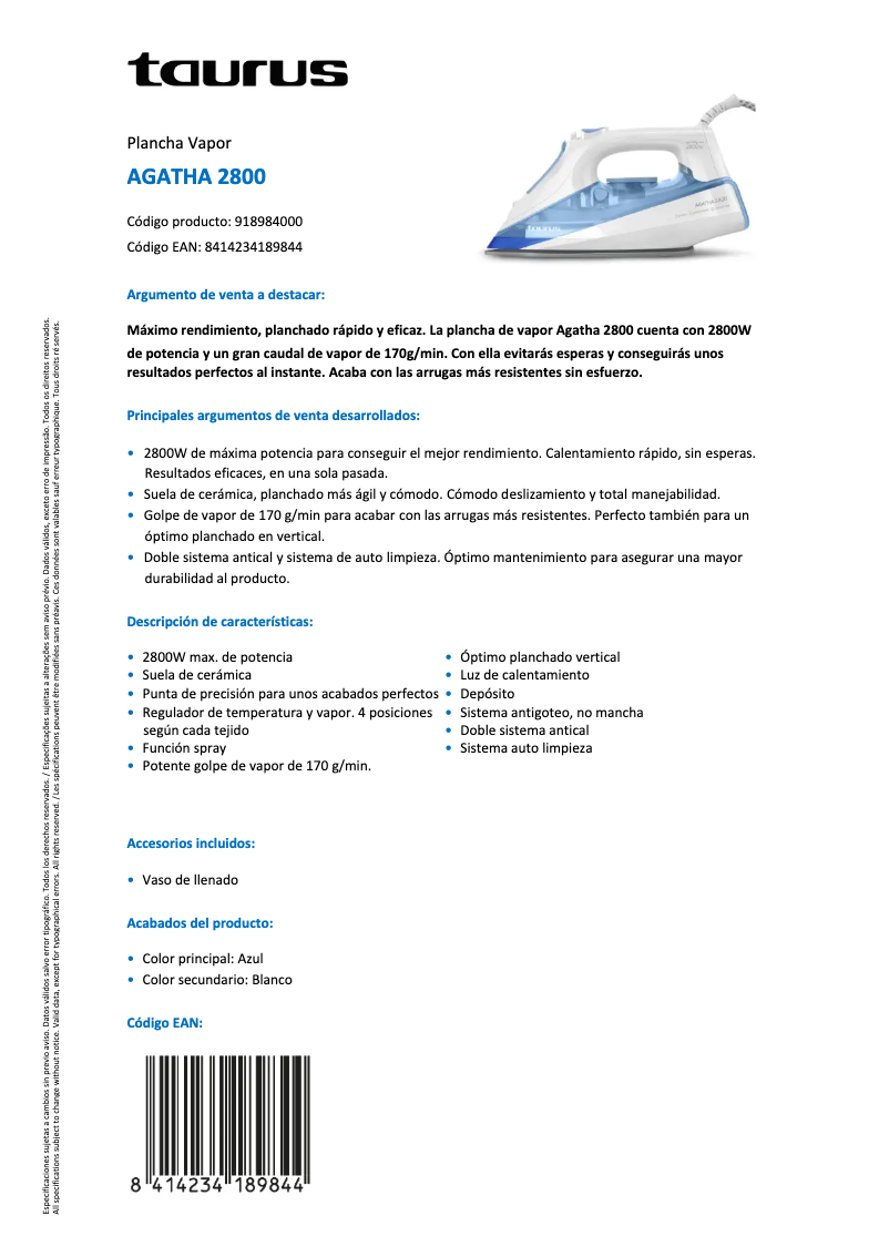 Page 1 de la notice Fiche technique Taurus Agatha 2800