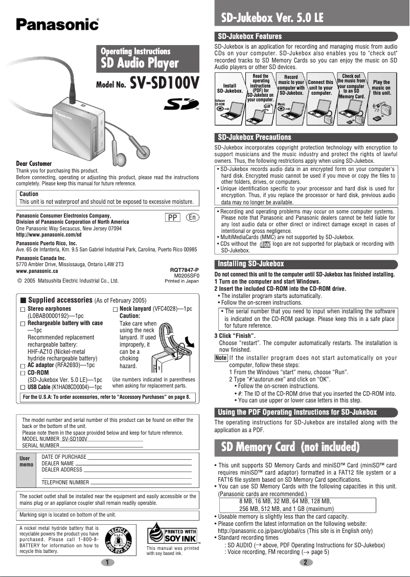 Page n°1 - Manuel utilisateur Panasonic SV-SD100V