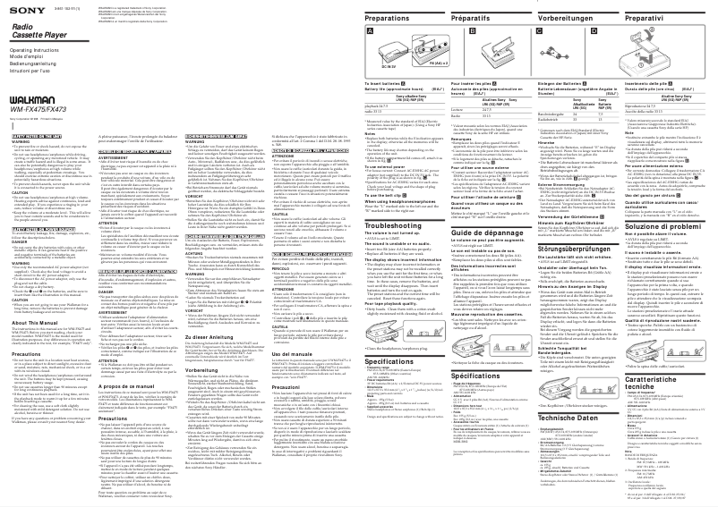 Image de la première page du manuel de l'appareil Walkman WM-FX475