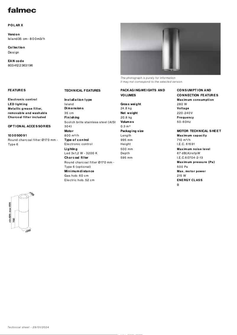 Página 1 del manual Ficha técnica Falmec Polar X