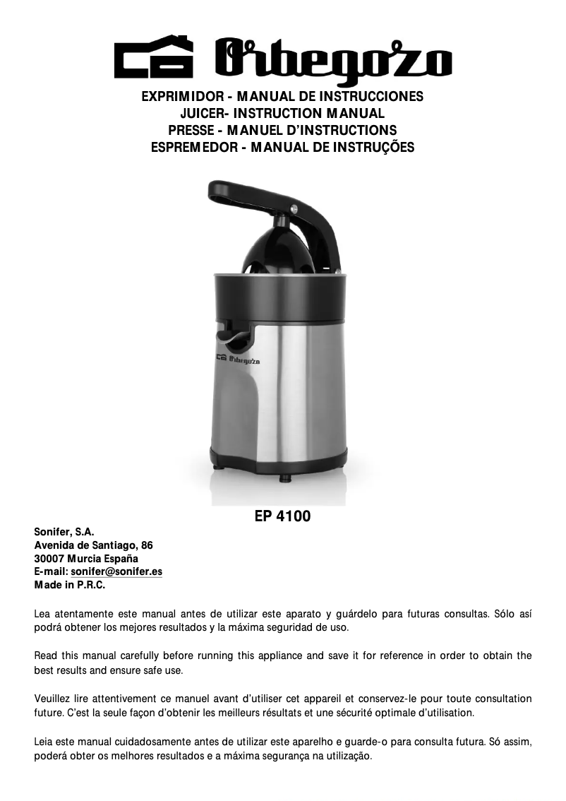 Page 1 de la notice Manuel utilisateur Orbegozo EP 4100