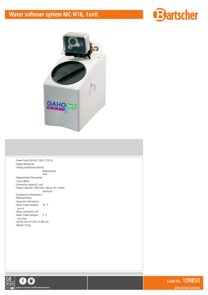 Page n°1 - Fiche technique Bartscher 109850