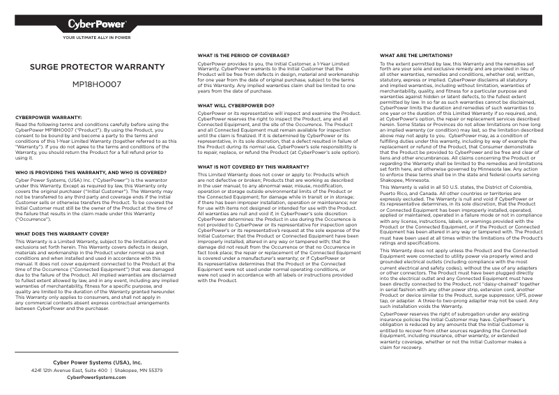 Page 1 de la notice Informations de garantie CyberPower MP18HO007