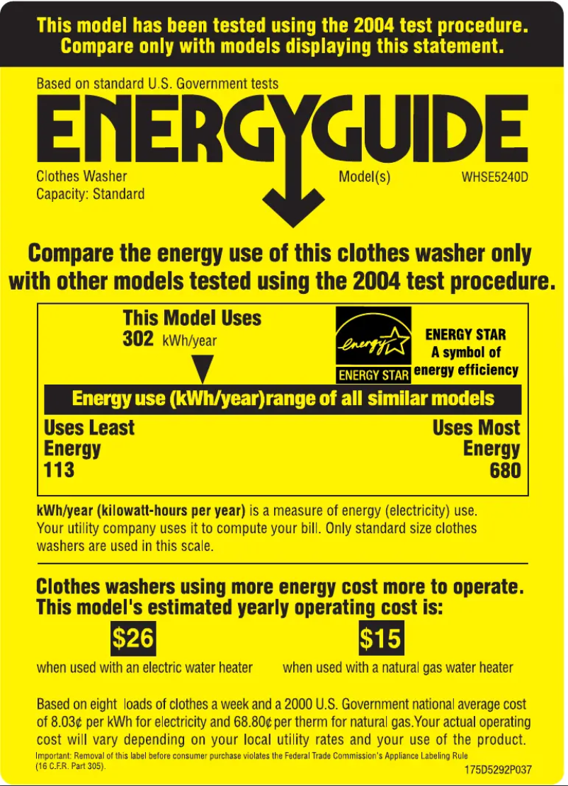 Page 1 de la notice Label énergétique GE WHSE5240DCC