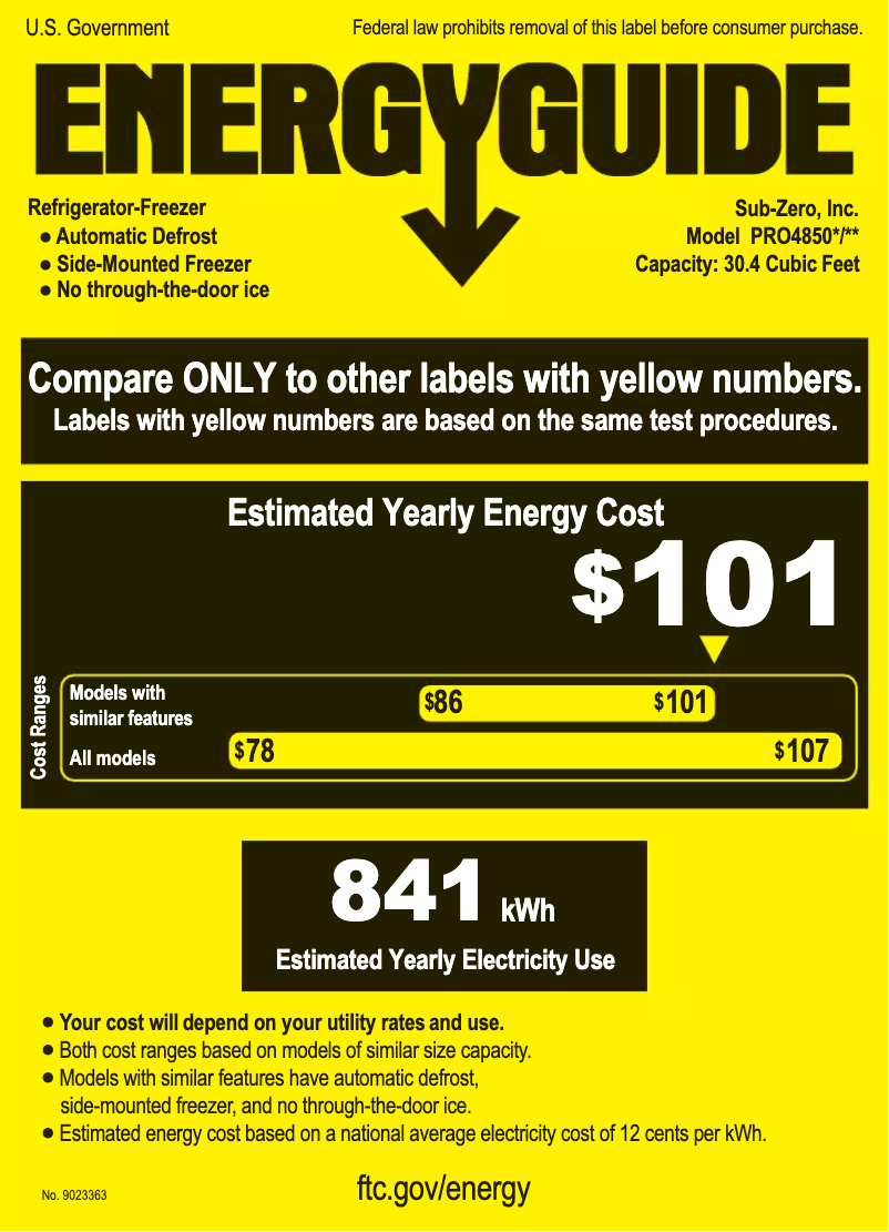 Page 1 de la notice Label énergétique Sub-Zero PRO4850