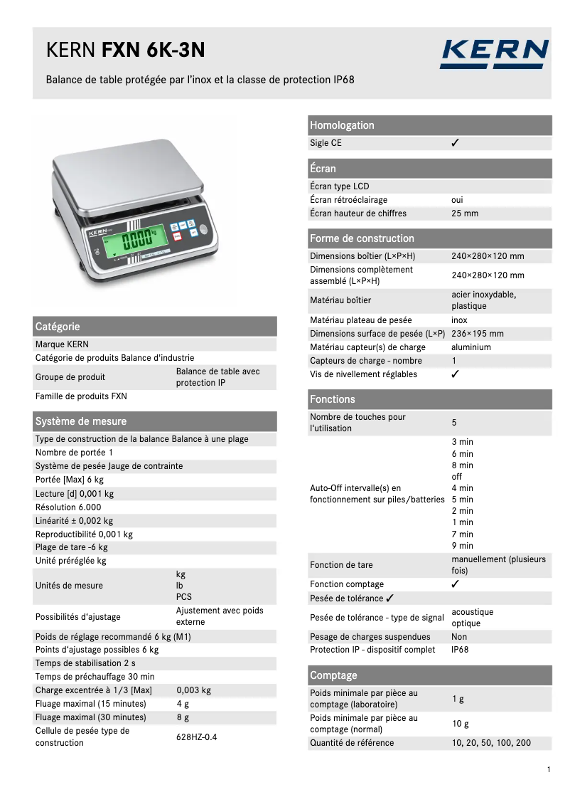 Page 1 de la notice Fiche technique Kern FXN 6K-3N