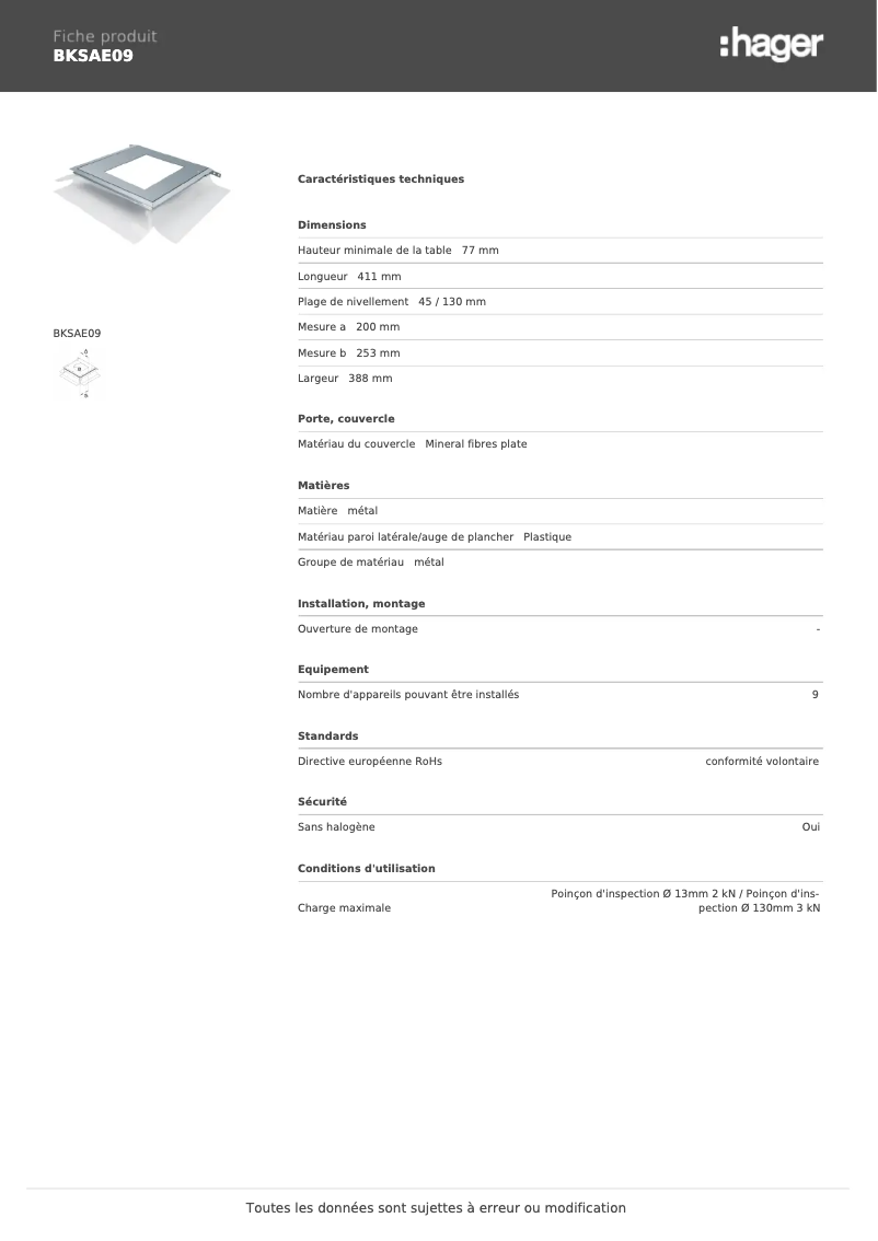 Page n°1 - Fiche technique Hager BKSAE09