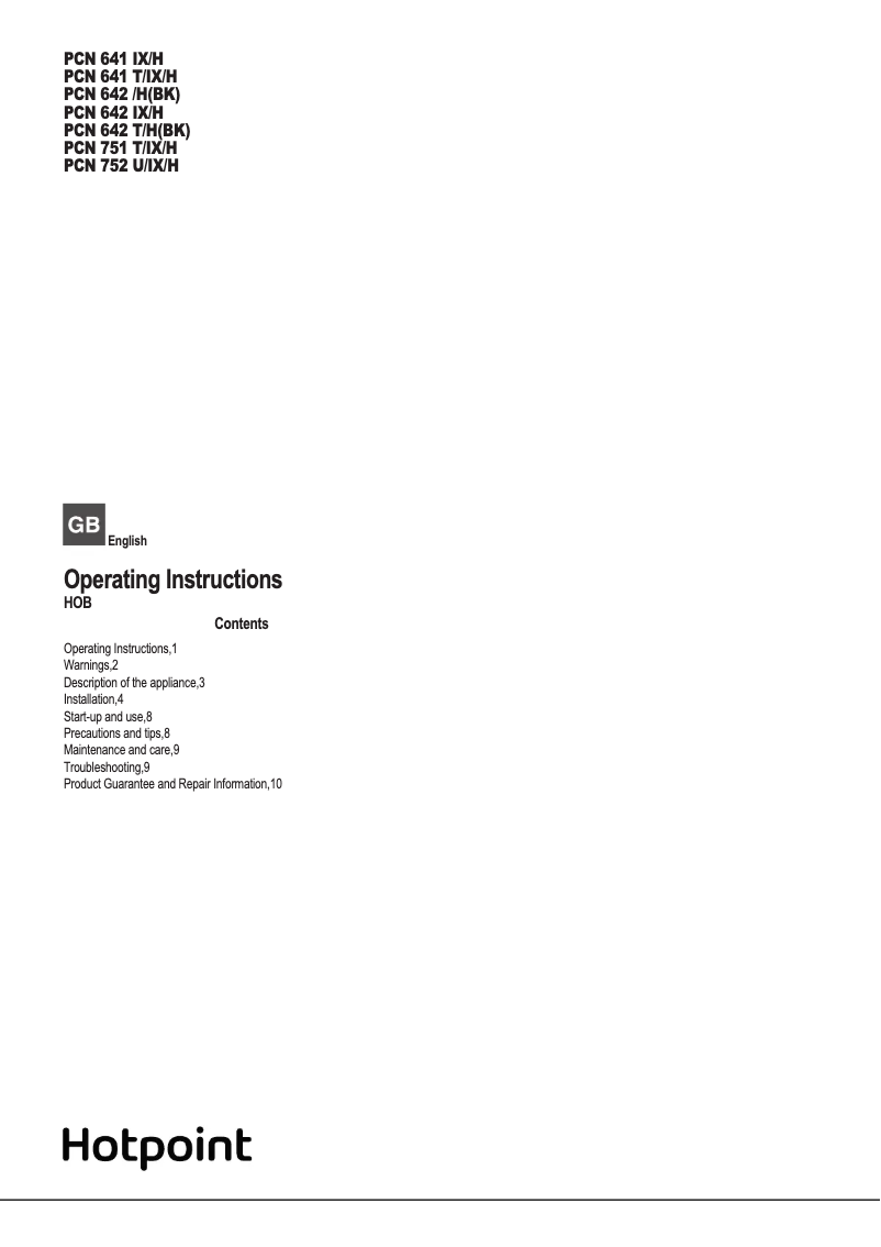 Page n°1 - Manuel utilisateur Hotpoint PCN 752 U/IX/H