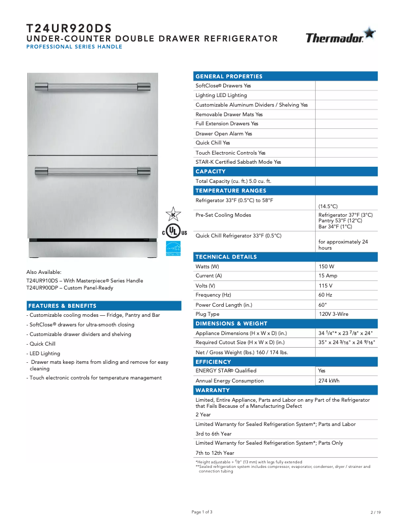 Page n°1 - Fiche technique Thermador T24UR920DS