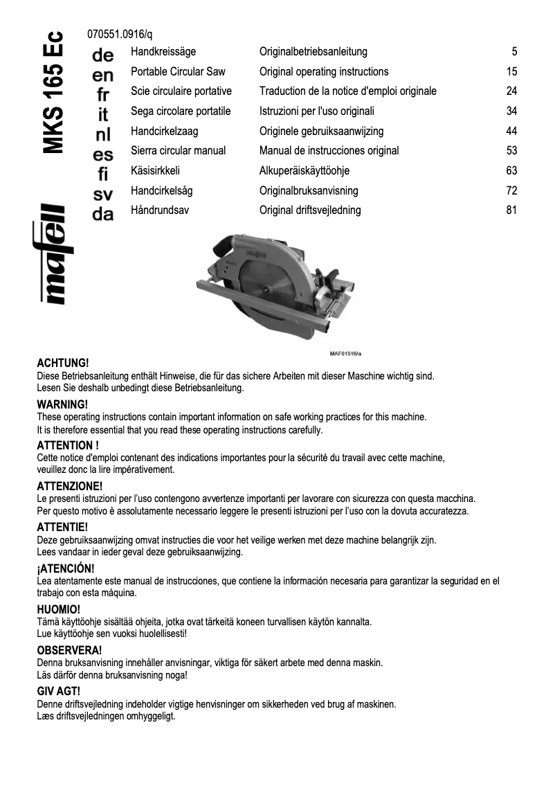 Page n°1 - Manuel utilisateur Mafell MKS 165 Ec