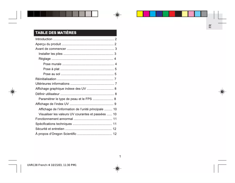 Page 1 de la notice Manuel utilisateur Oregon Scientific UVR138