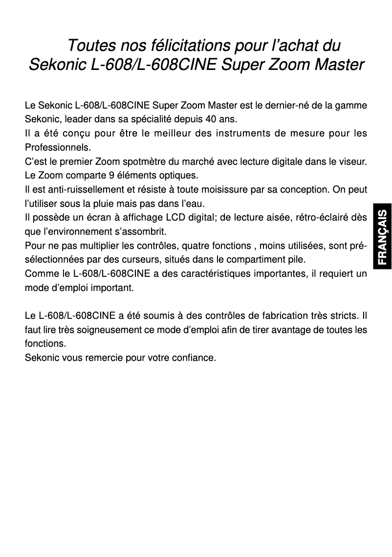 Page n°1 - Manuel utilisateur Sekonic Super Zoom Master L-608CINE