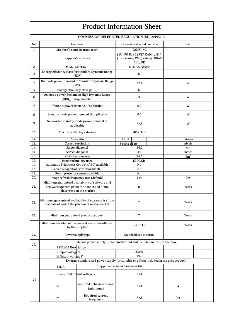 Page 1 de la notice Fiche technique Samsung Odyssey G5