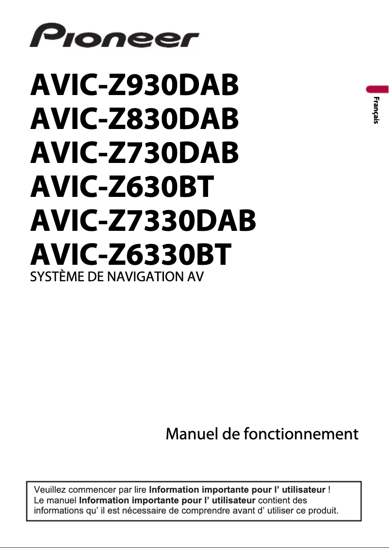 Page 1 de la notice Manuel utilisateur Pioneer AVIC-Z930DAB