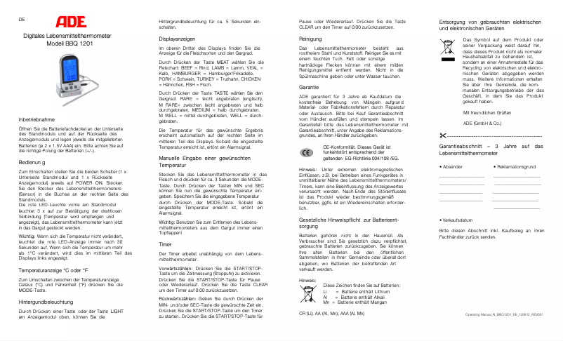 Page n°1 - Manuel utilisateur ADE BBQ 1201