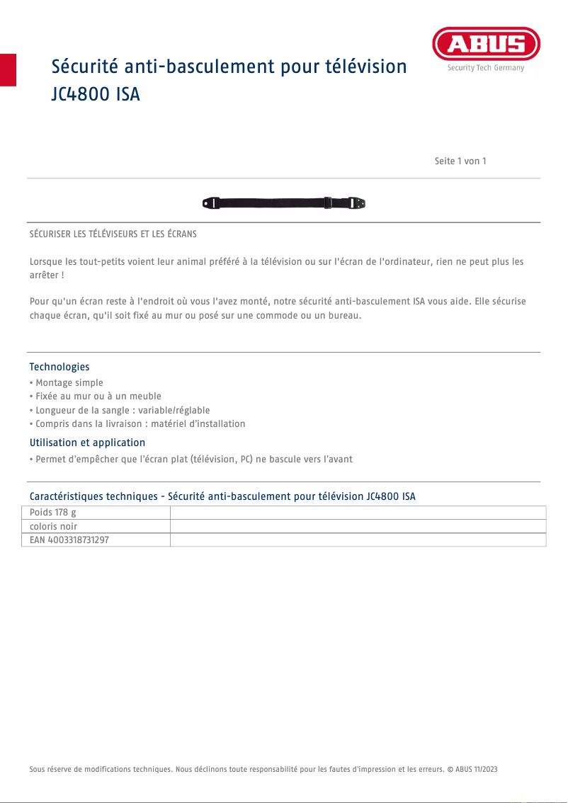 Page n°1 - Fiche technique Abus JC4800 ISA