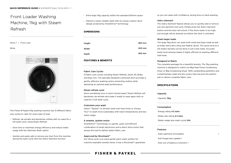 Page 1 de la notice Fiche technique Fisher & Paykel WH1160P3