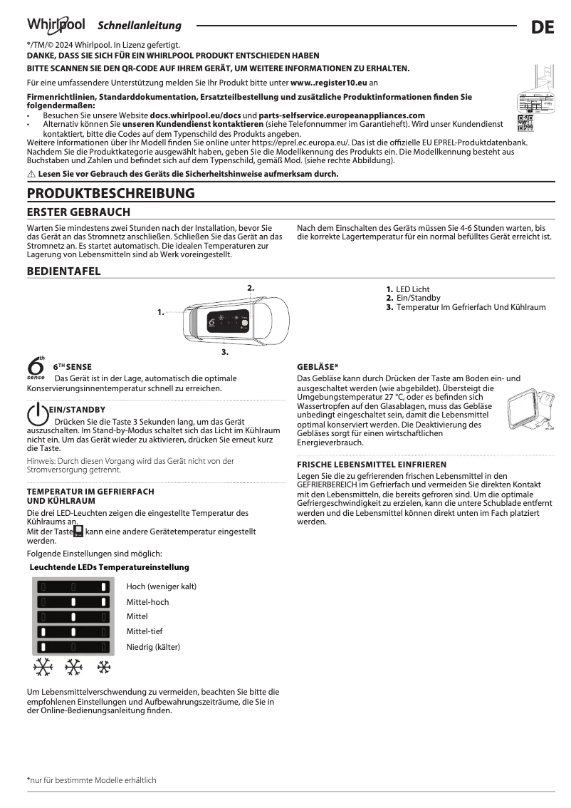 Page 1 de la notice Fiche technique Whirlpool ART 66011