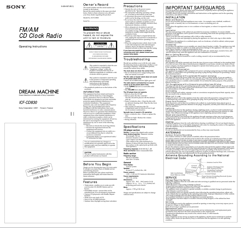 Page n°1 - Manuel utilisateur Sony ICF-CD830