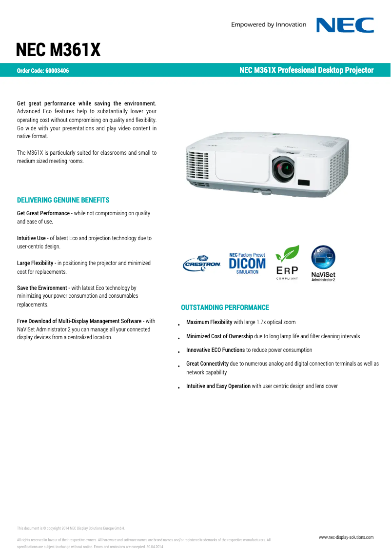 Page 1 de la notice Fiche technique NEC M361X