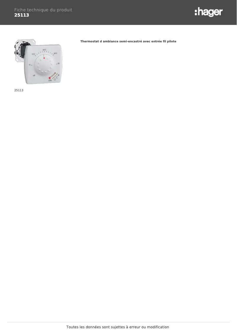 Page 1 de la notice Fiche technique Hager 25113