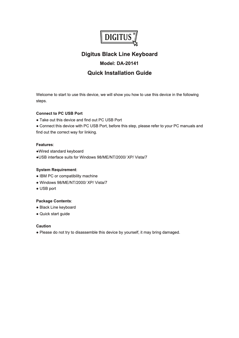 Page 1 de la notice Manuel utilisateur Digitus DA-20141