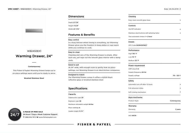 Page n°1 - Fiche technique Fisher & Paykel WB24SDEX1