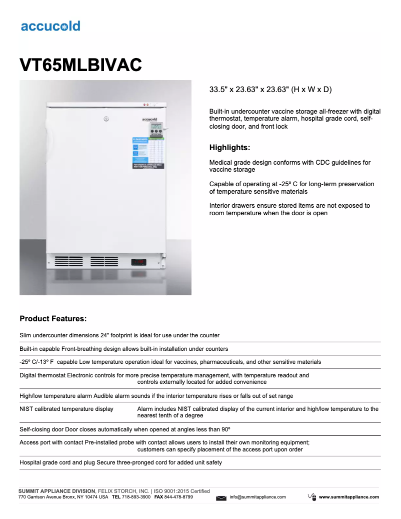 Image de la première page du manuel de l'appareil Accucold VT65MLBIVAC