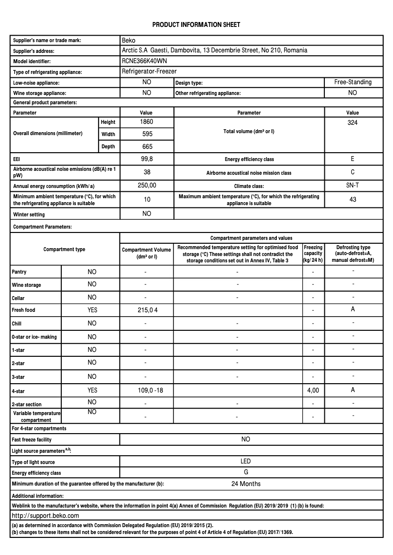 Page 1 de la notice Fiche technique Beko RCNE366K40WN