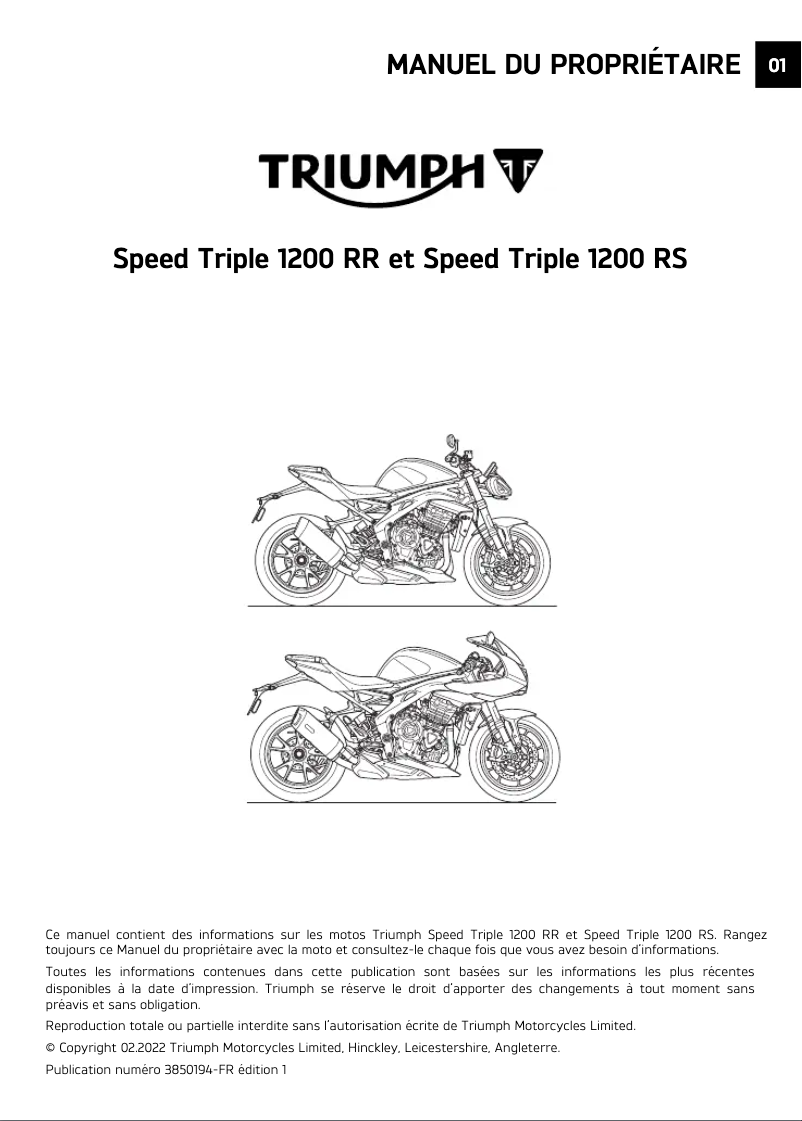 Page 1 de la notice Manuel utilisateur Triumph Speed Triple RS (2022)
