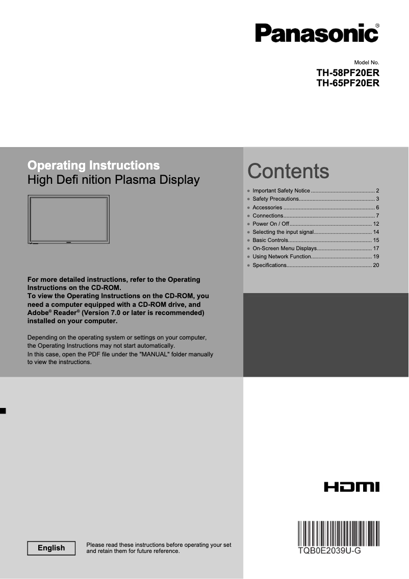 Image de la première page du manuel de l'appareil TH-58PF20ER